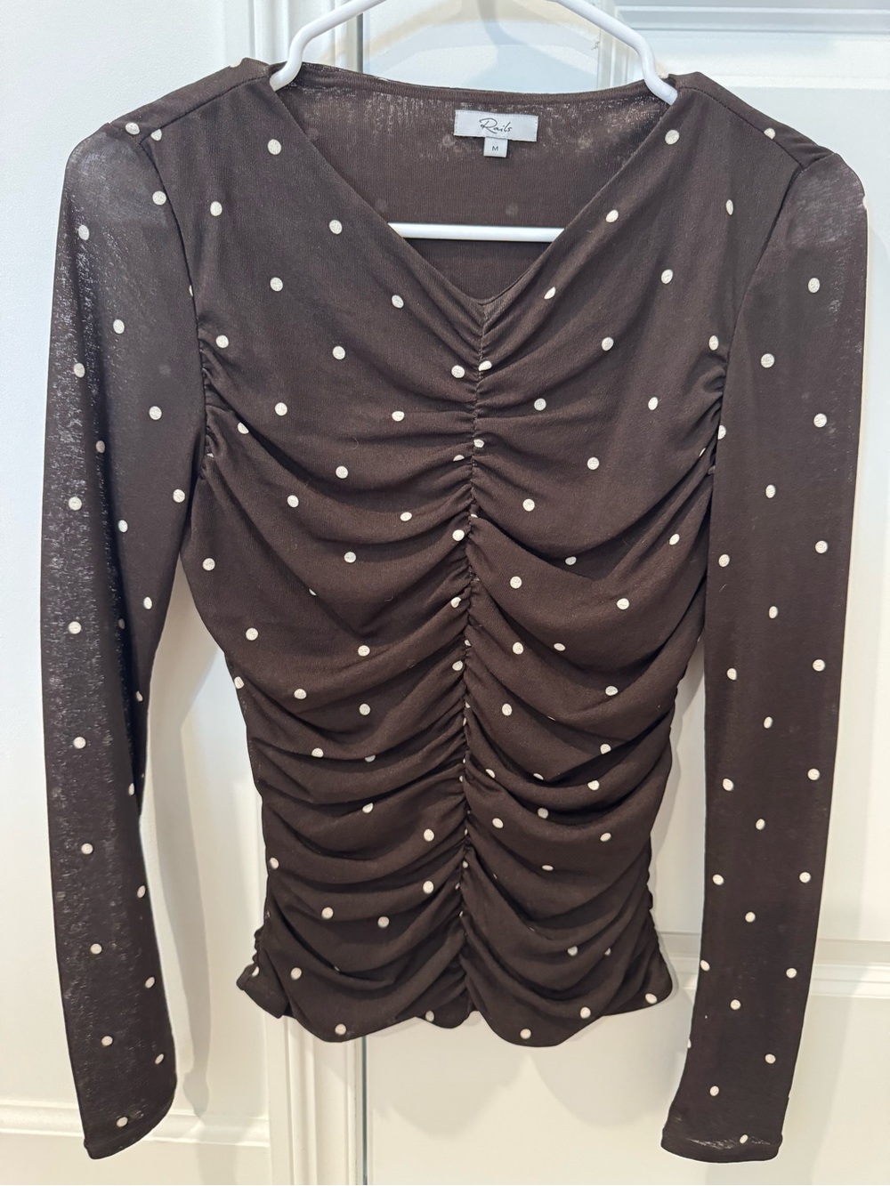 Rails Brown Polka Dot Ruched Long-Sleeve Top - Size Medium